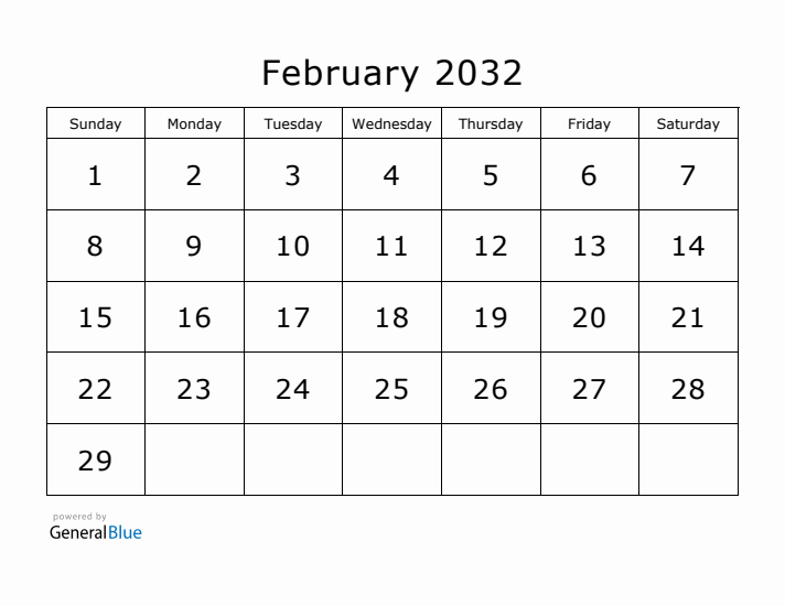 Printable February 2032 Calendar - Sunday Start