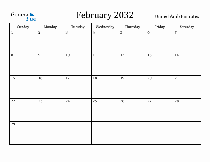 February 2032 Calendar United Arab Emirates