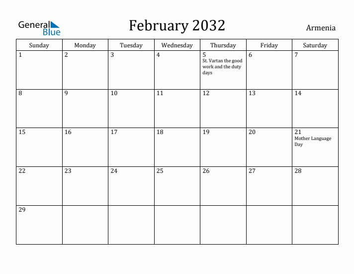 February 2032 Calendar Armenia