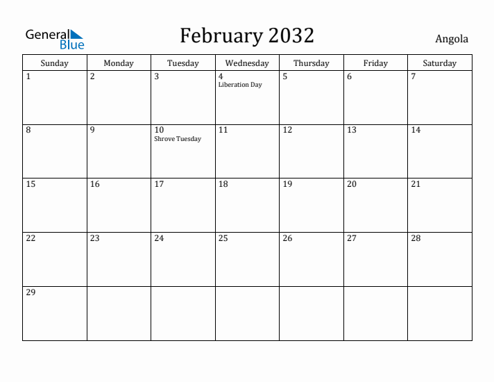 February 2032 Calendar Angola