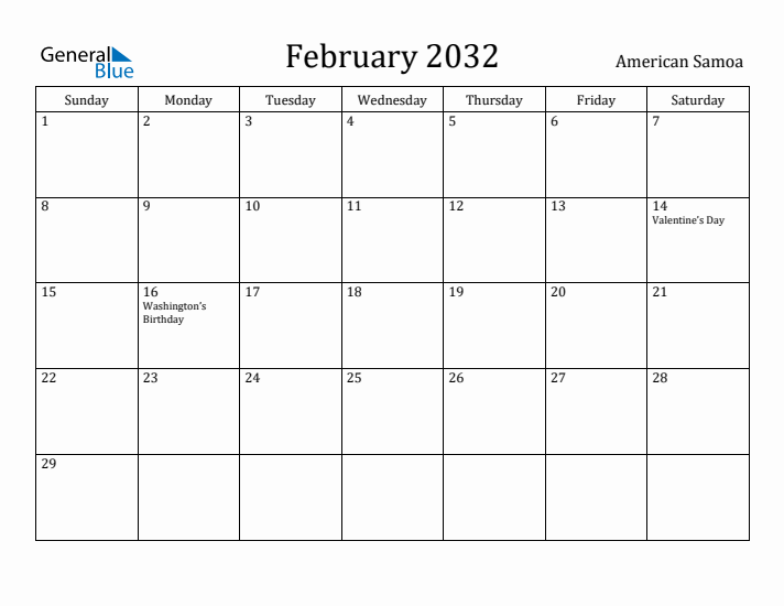 February 2032 Calendar American Samoa