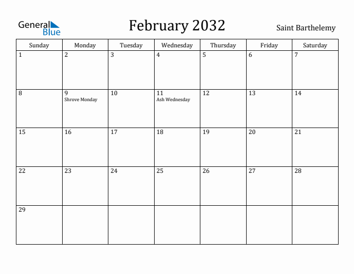 February 2032 Calendar Saint Barthelemy