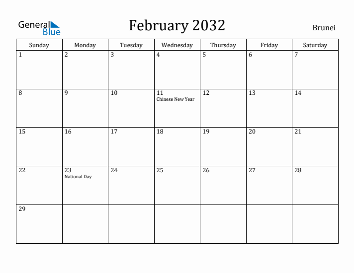 February 2032 Calendar Brunei