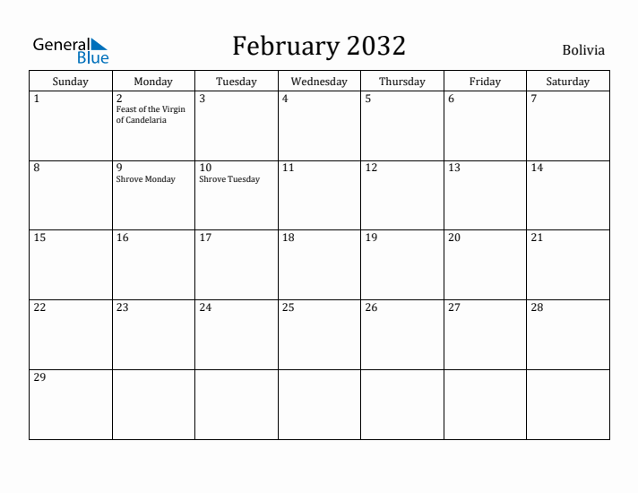 February 2032 Calendar Bolivia