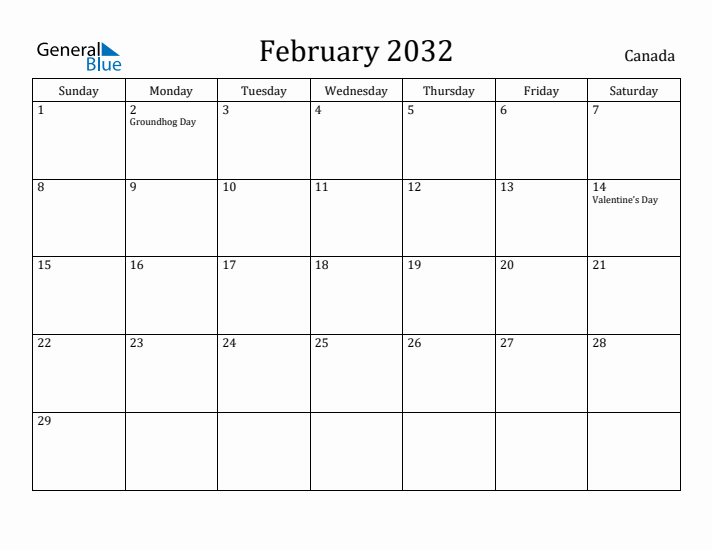 February 2032 Calendar Canada