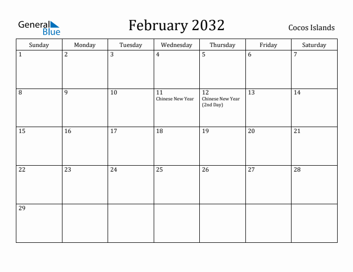February 2032 Calendar Cocos Islands