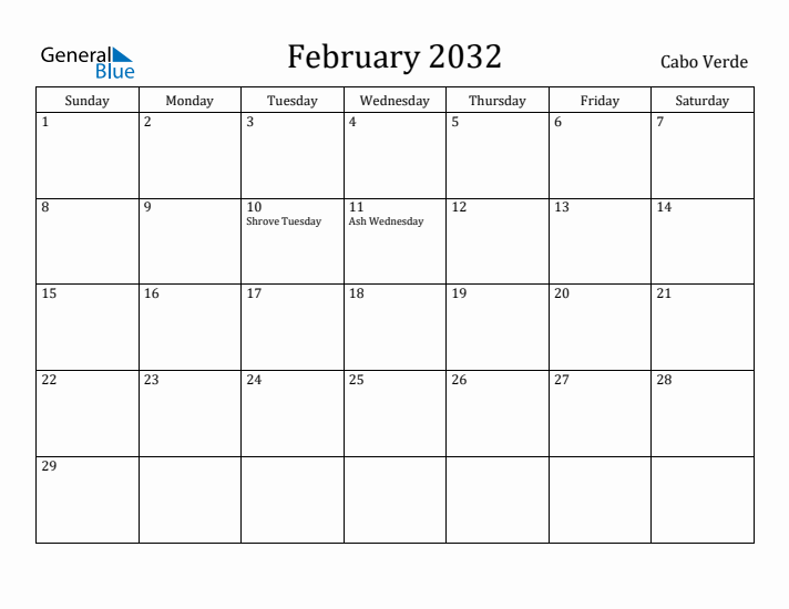 February 2032 Calendar Cabo Verde