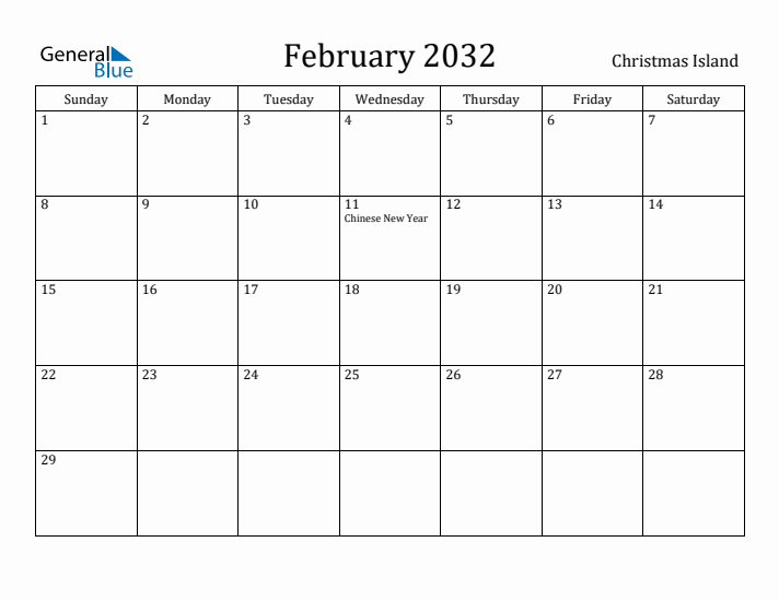 February 2032 Calendar Christmas Island