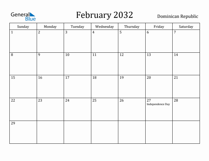 February 2032 Calendar Dominican Republic