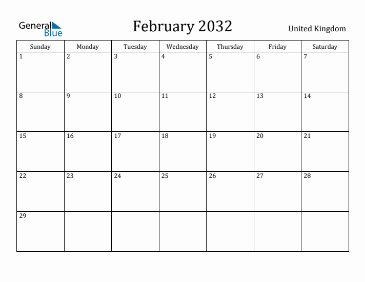 February 2032 Calendar United Kingdom