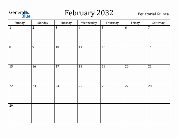 February 2032 Calendar Equatorial Guinea