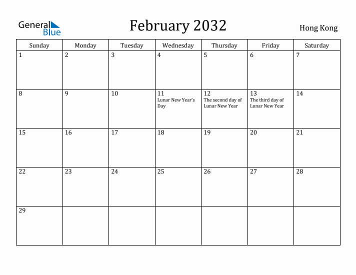 February 2032 Calendar Hong Kong
