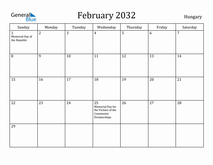 February 2032 Calendar Hungary