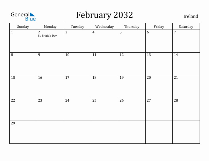 February 2032 Calendar Ireland