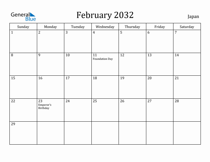 February 2032 Calendar Japan