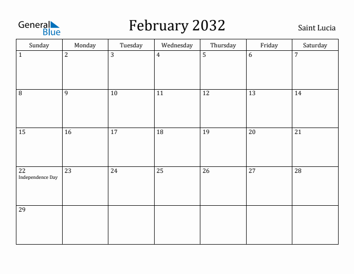 February 2032 Calendar Saint Lucia