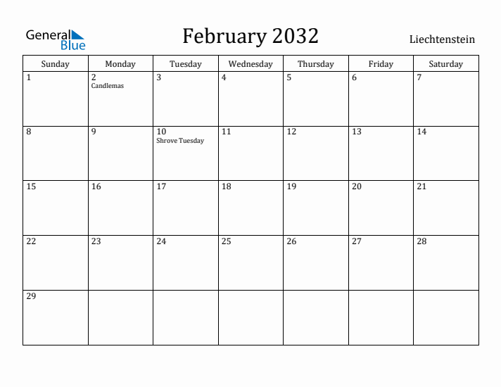 February 2032 Calendar Liechtenstein