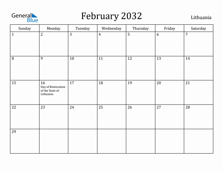 February 2032 Calendar Lithuania