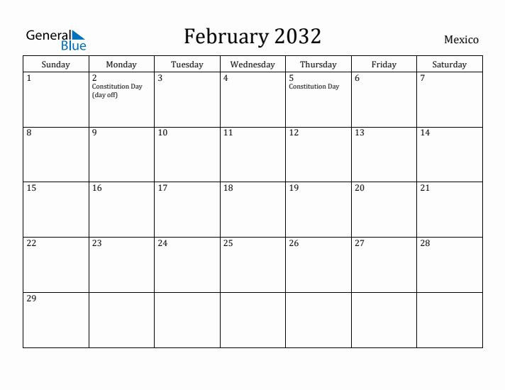 February 2032 Calendar Mexico