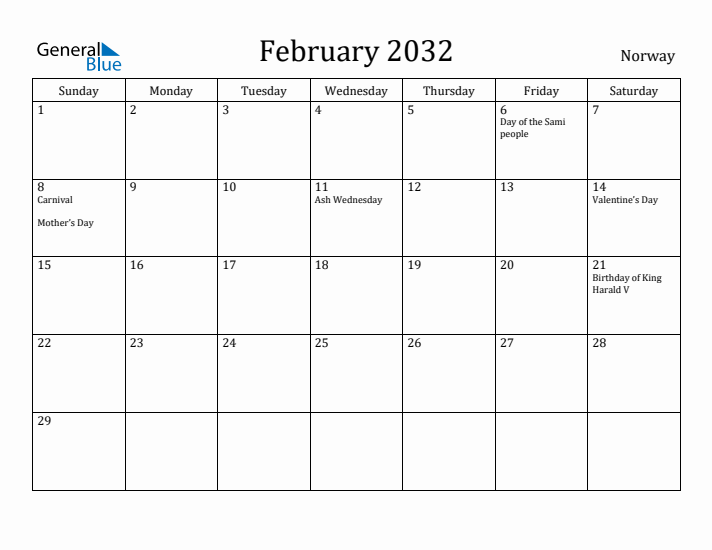 February 2032 Calendar Norway
