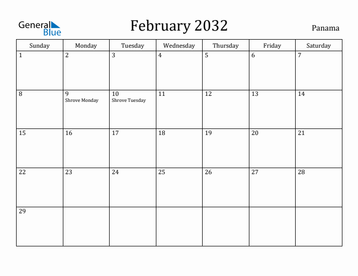 February 2032 Calendar Panama