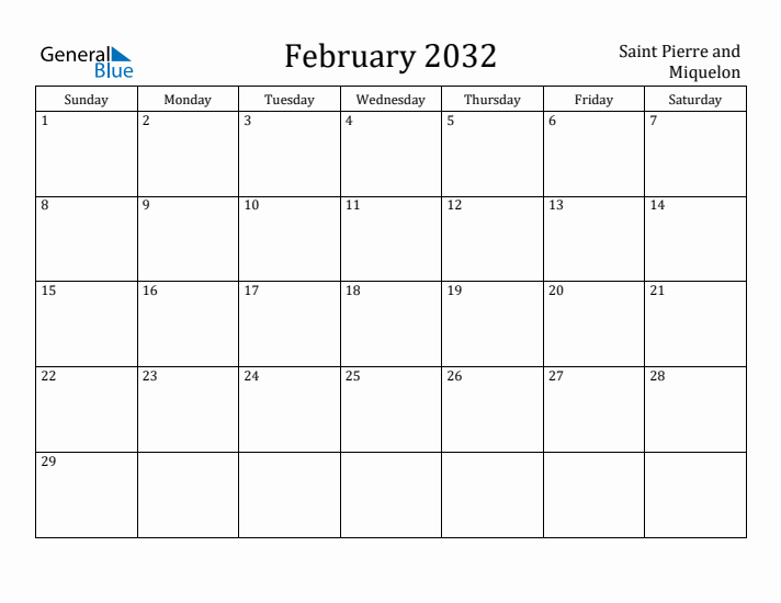 February 2032 Calendar Saint Pierre and Miquelon