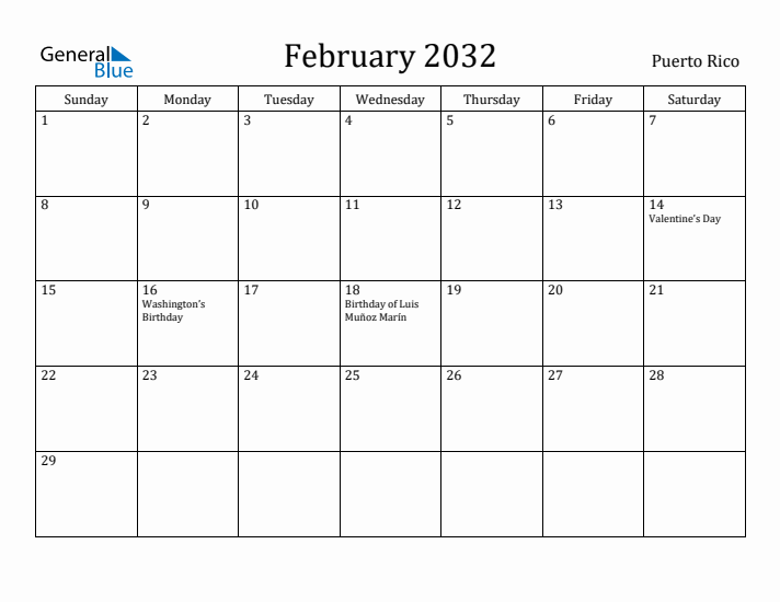 February 2032 Calendar Puerto Rico