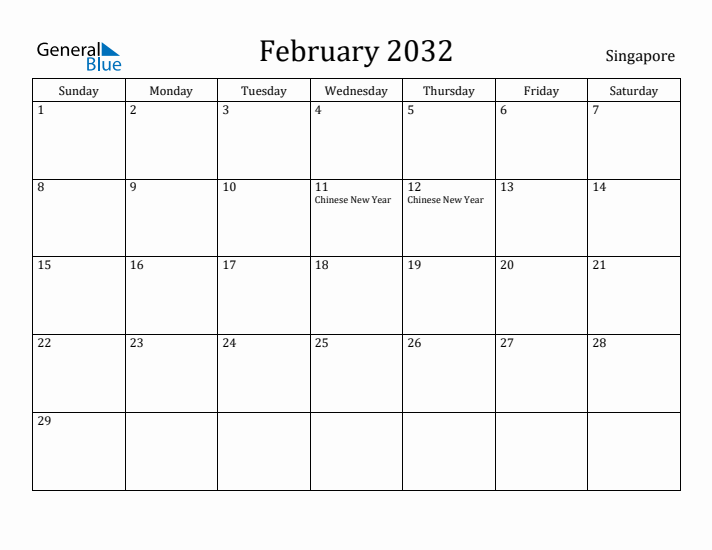 February 2032 Calendar Singapore