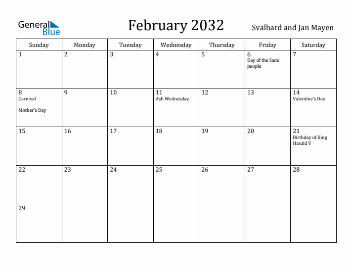 February 2032 Calendar Svalbard and Jan Mayen