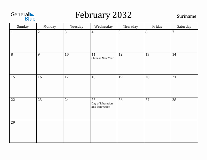 February 2032 Calendar Suriname