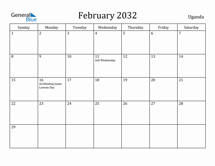 February 2032 Calendar Uganda
