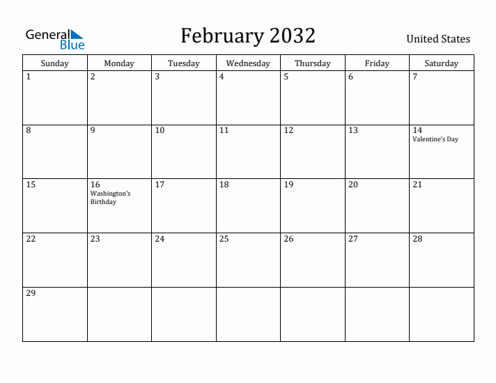 February 2032 Calendar United States