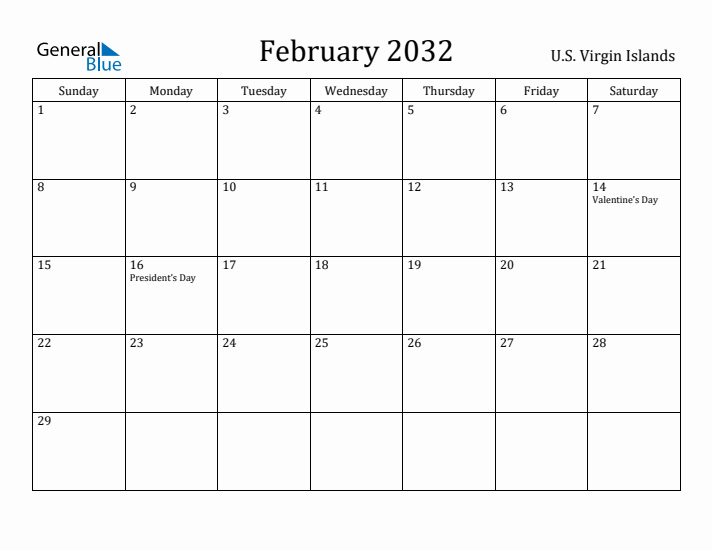 February 2032 Calendar U.S. Virgin Islands