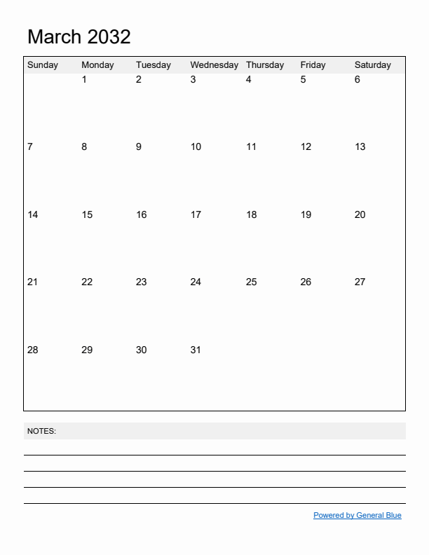 Basic Monthly Calendar Template for March 2032