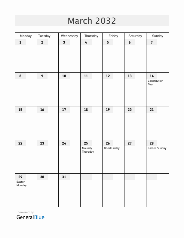 Andorra March 2032 Calendar with Holidays