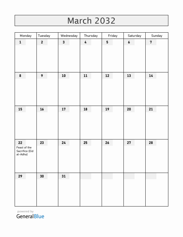 United Arab Emirates March 2032 Calendar with Holidays