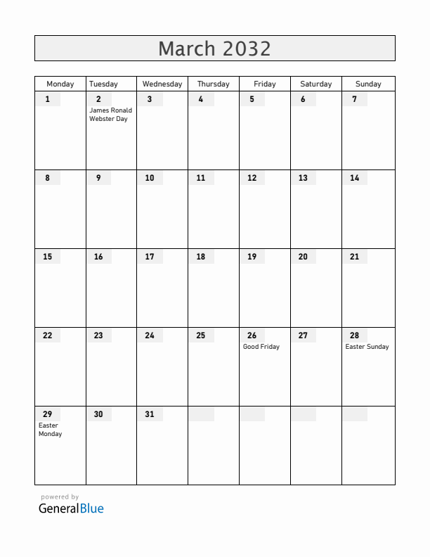 Anguilla March 2032 Calendar with Holidays