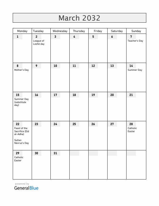 Albania March 2032 Calendar with Holidays