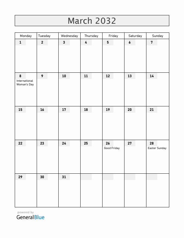 Angola March 2032 Calendar with Holidays