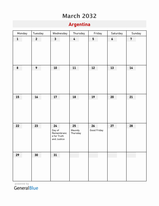 Argentina March 2032 Calendar with Holidays