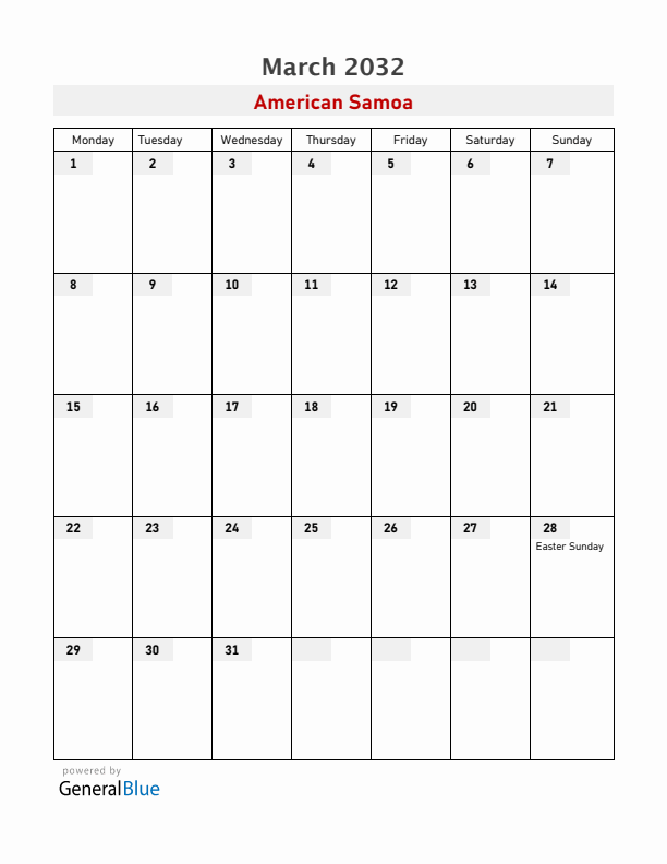 American Samoa March 2032 Calendar with Holidays