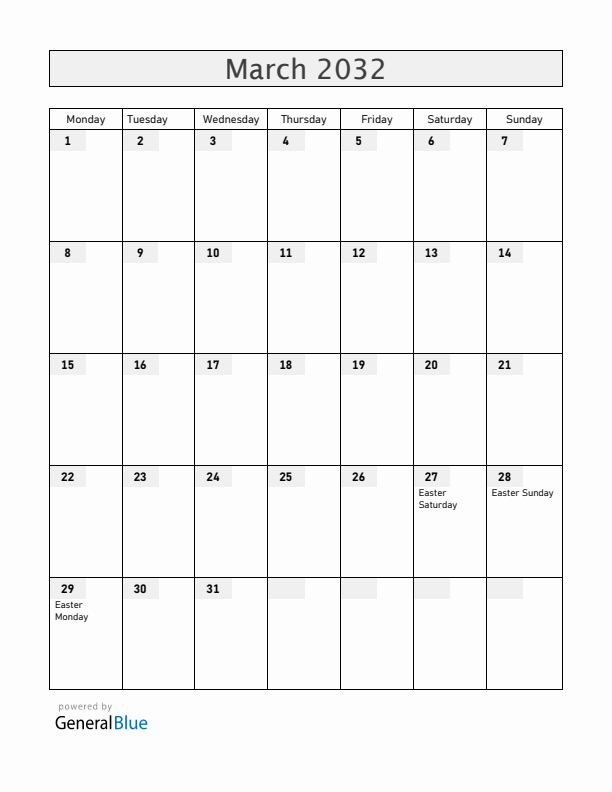 Austria March 2032 Calendar with Holidays