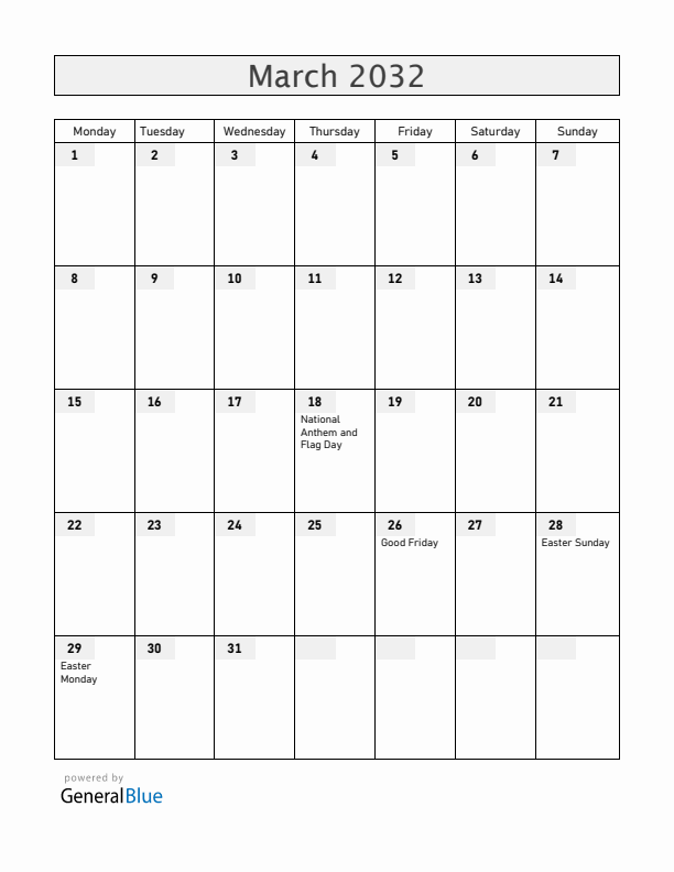 Aruba March 2032 Calendar with Holidays