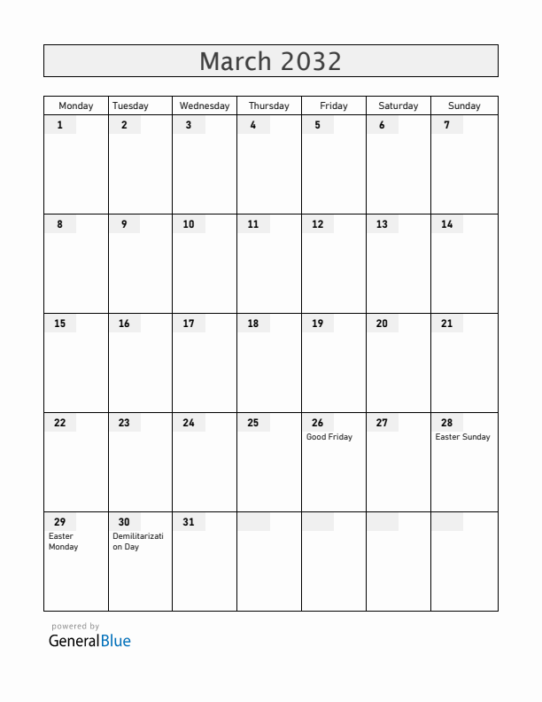 Aland Islands March 2032 Calendar with Holidays