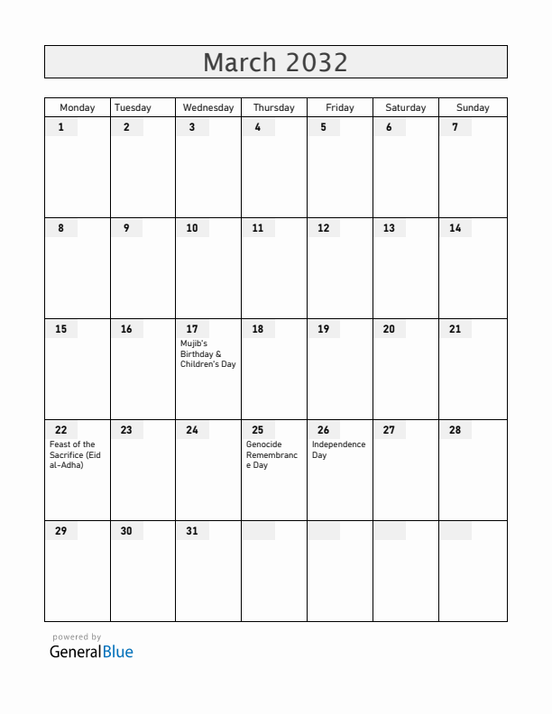 Bangladesh March 2032 Calendar with Holidays