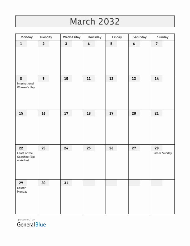 Burkina Faso March 2032 Calendar with Holidays