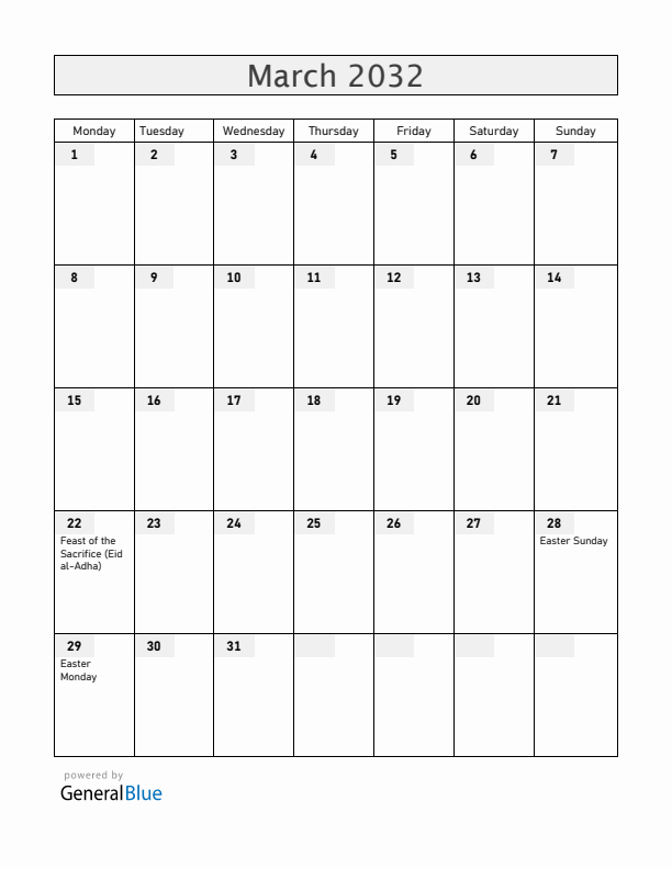 Benin March 2032 Calendar with Holidays