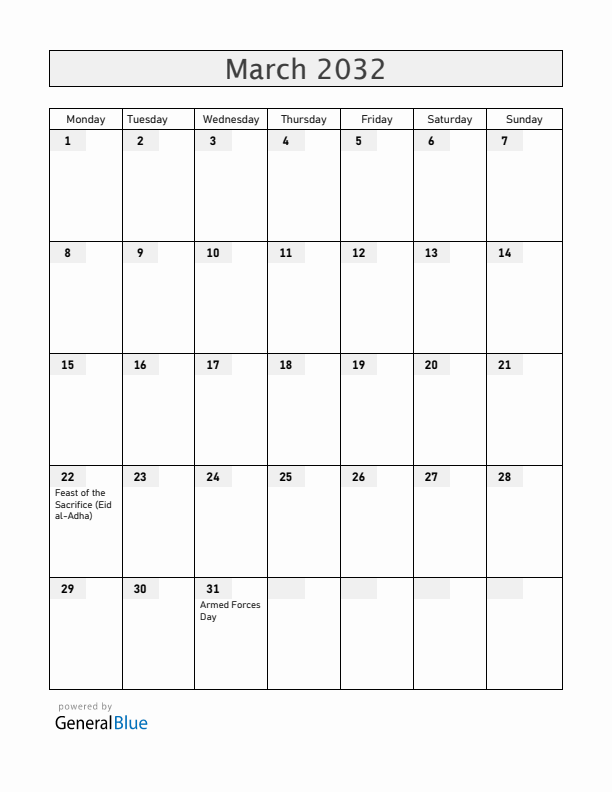 Brunei March 2032 Calendar with Holidays