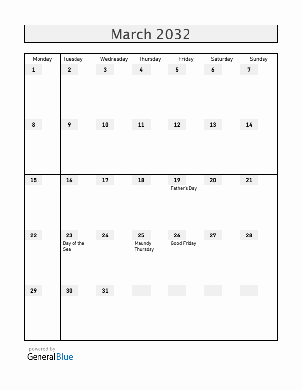 Bolivia March 2032 Calendar with Holidays