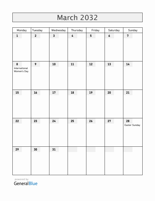 Belarus March 2032 Calendar with Holidays